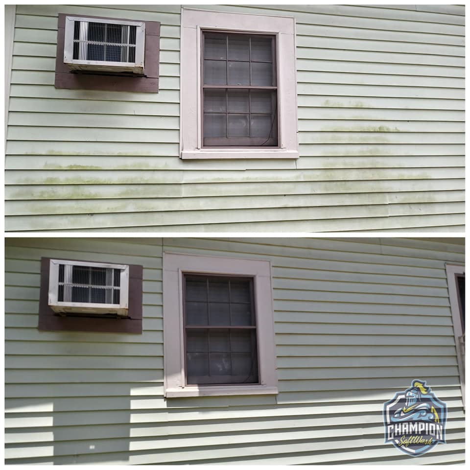 Before and After house wash pressure wash softwash cleaner in Historic Downtown Sanford